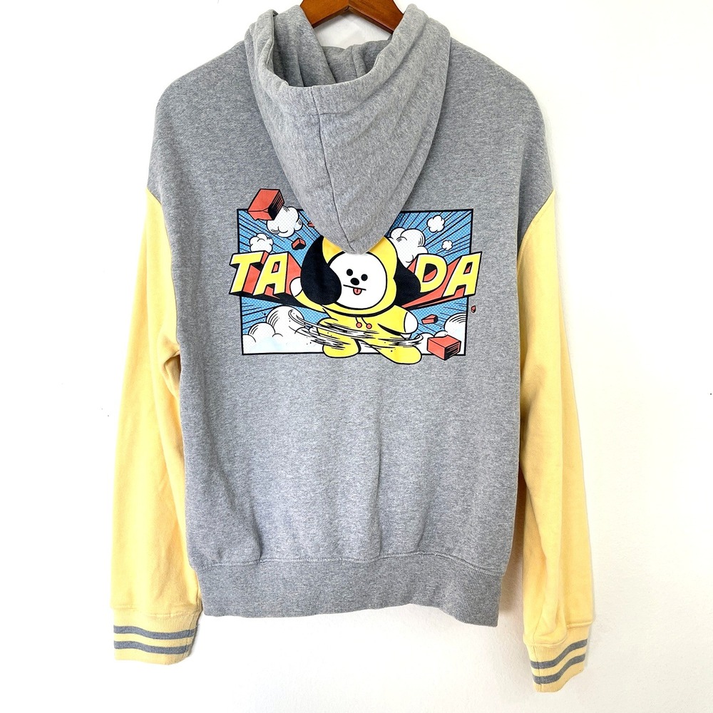 BT21 Chimmy Mens Hoodie Size M Gray Yellow Zip Up Sweatshirt Anime Kpop